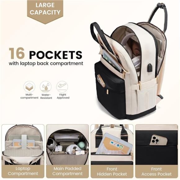 Laptop Backpack for Women 15.6 Inch, Beige Black main image 2